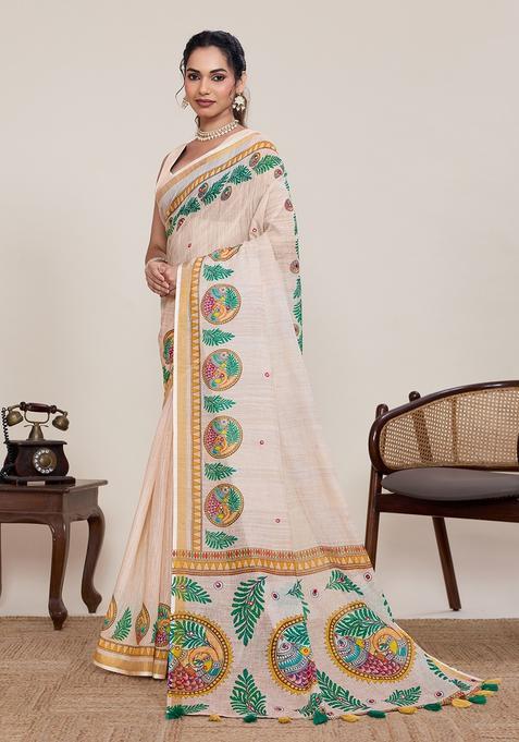 Cream Zari Work Silk Saree Set