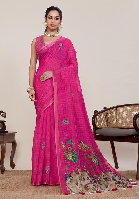 Pink Zari Work Silk Saree Set