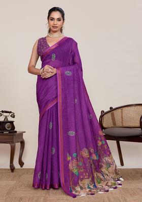 Purple Zari Work Silk Saree Set