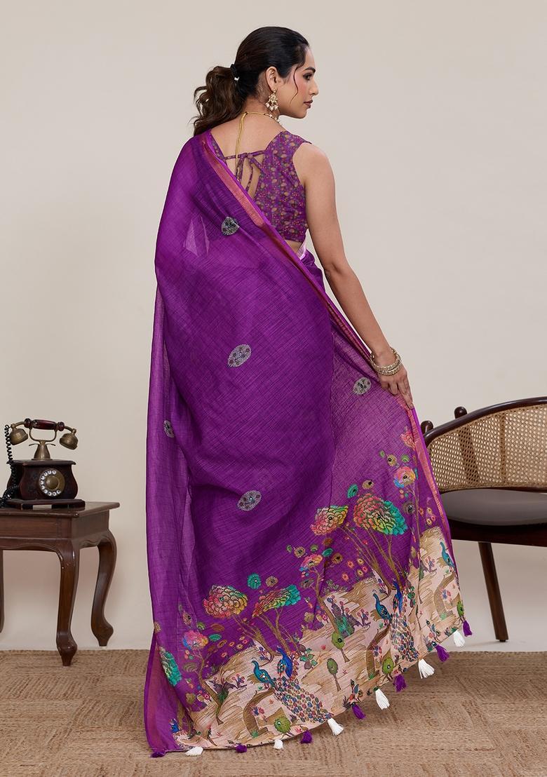 Purple Zari Work Silk Saree Set - Indya