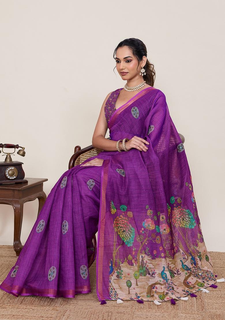 Purple Zari Work Silk Saree Set - Indya