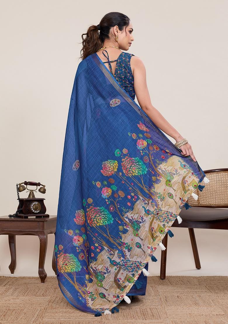 Blue Zari Work Silk Saree Set - Indya