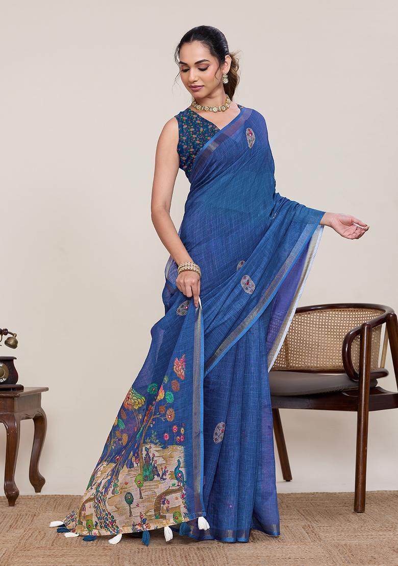 Blue Zari Work Silk Saree Set - Indya