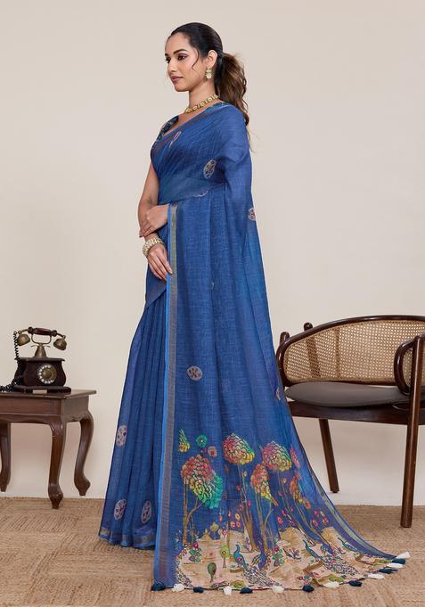 Blue Zari Work Silk Saree Set