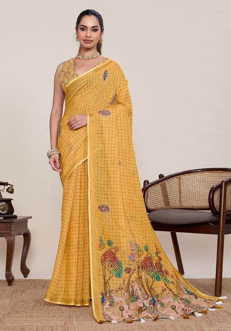 Mustard Zari Work Silk Saree Set