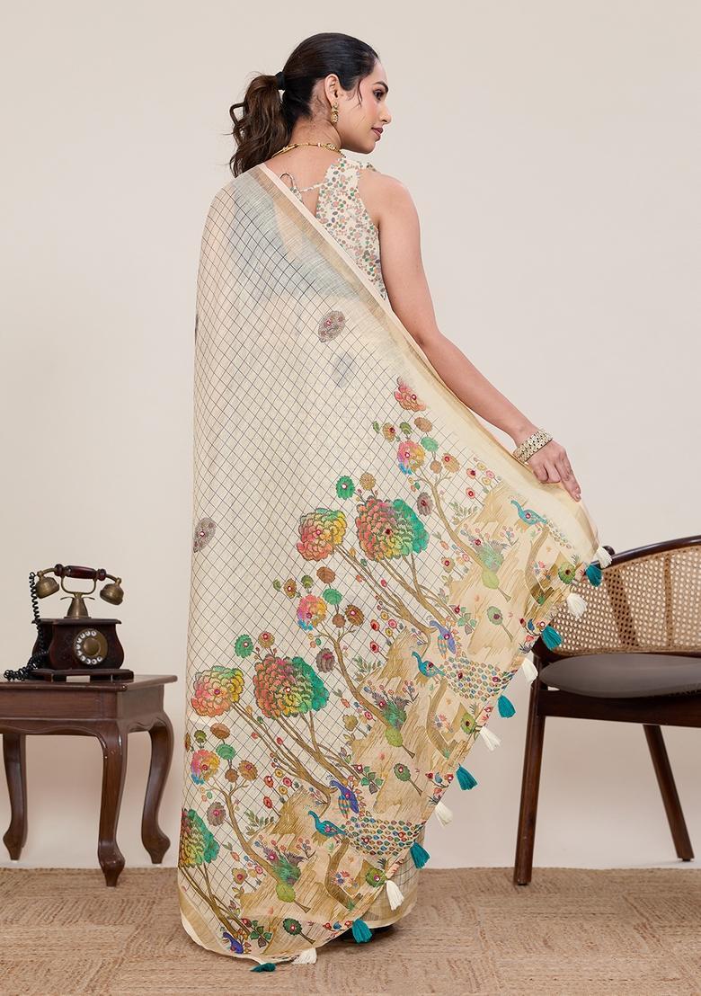 White Zari Work Silk Saree Set - Indya