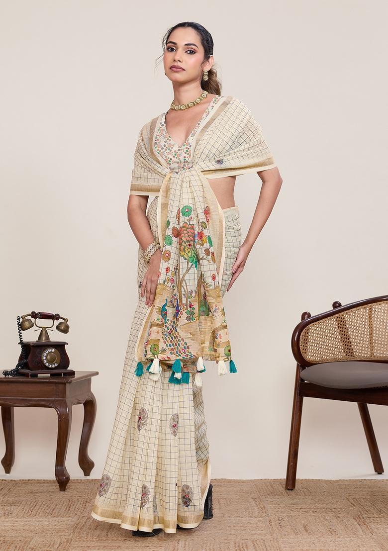 White Zari Work Silk Saree Set - Indya