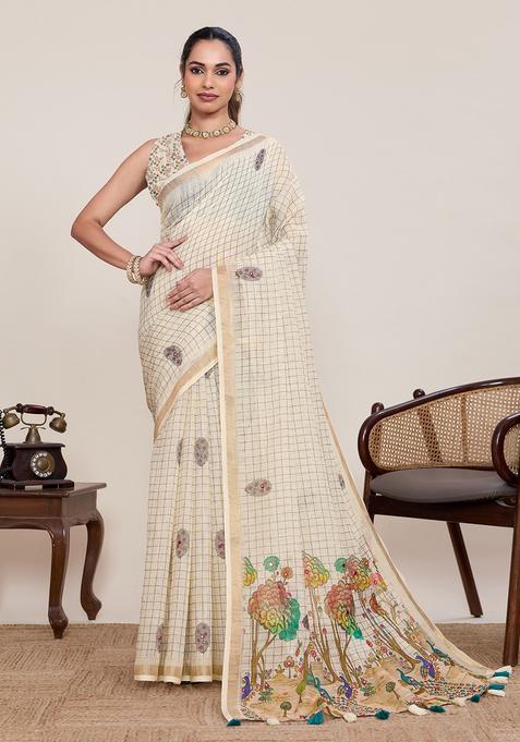 White Zari Work Silk Saree Set