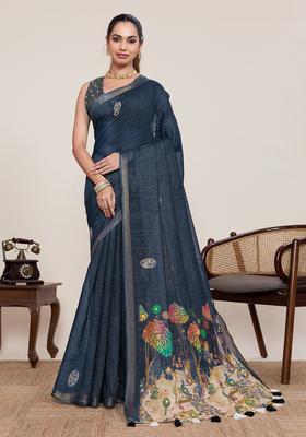Grey Zari Work Silk Saree Set