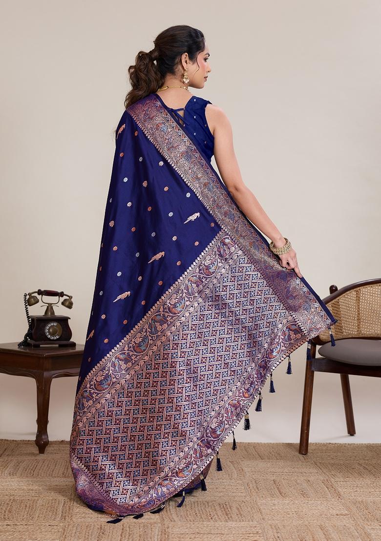 Blue Zari Work Silk Saree Set - Indya