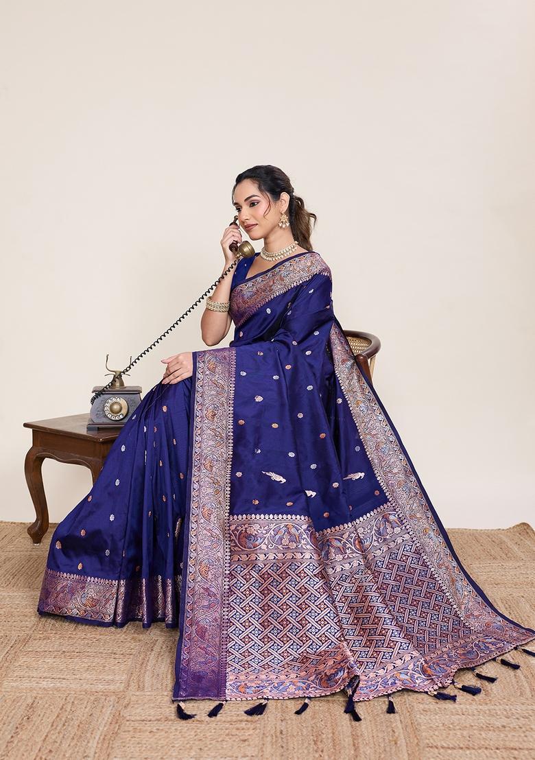 Blue Zari Work Silk Saree Set - Indya