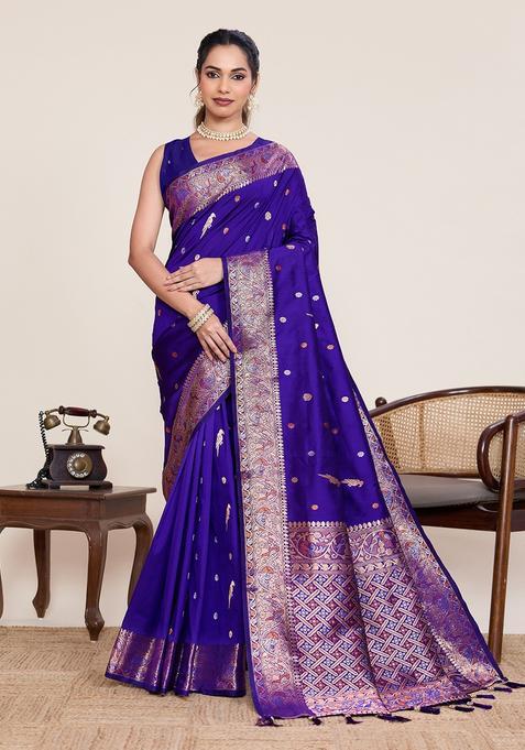 Purple Zari Work Silk Saree Set