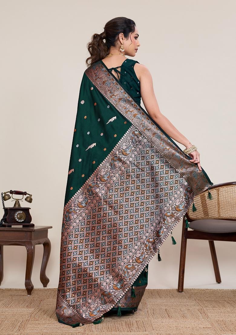 Green Zari Work Silk Saree Set - Indya