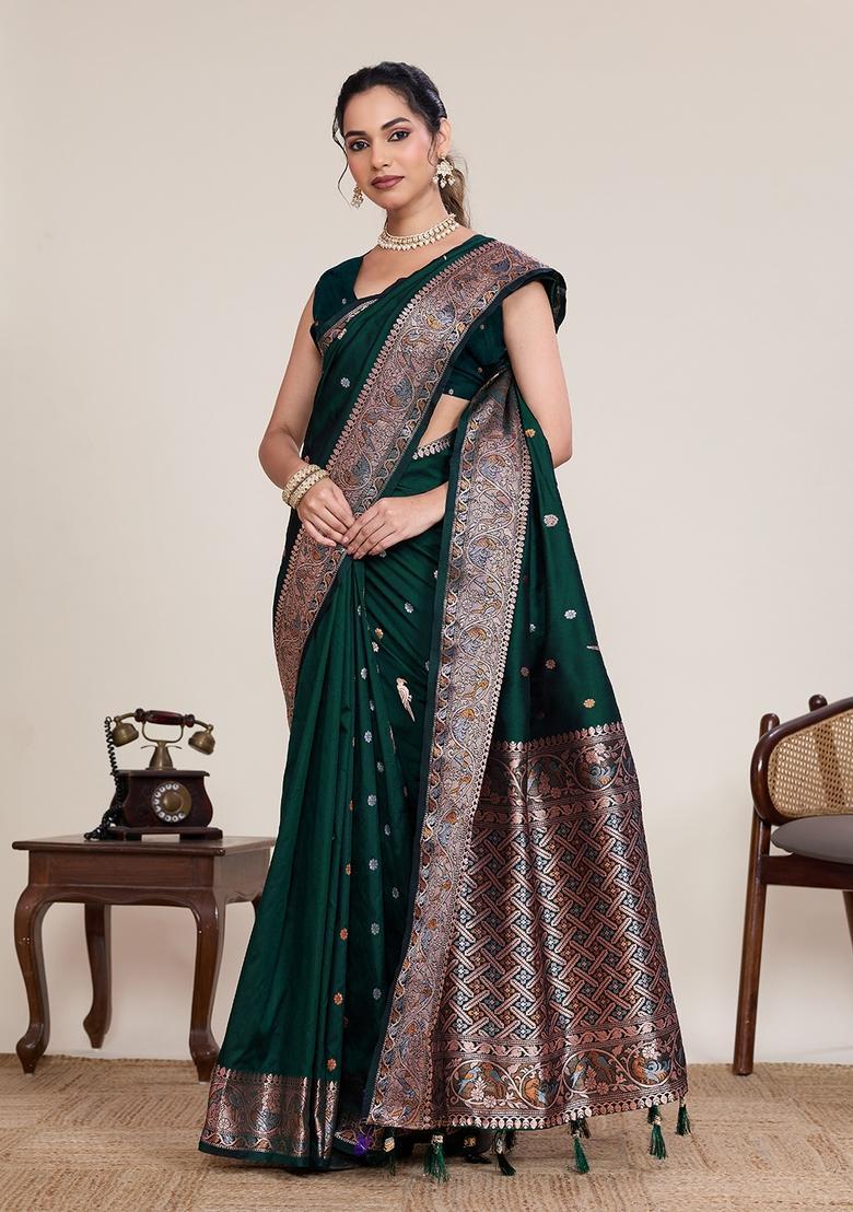 Green Zari Work Silk Saree Set - Indya