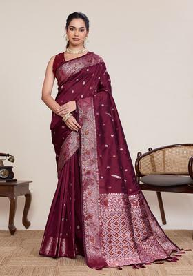 Maroon Zari Work Silk Saree Set