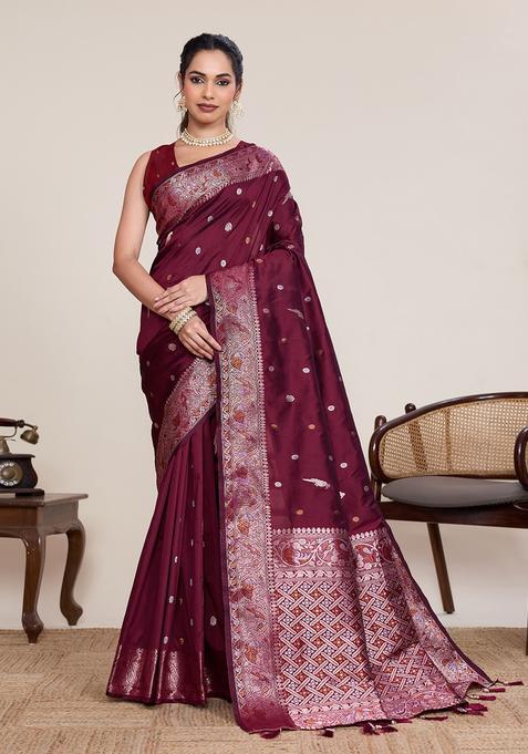 Maroon Zari Work Silk Saree Set