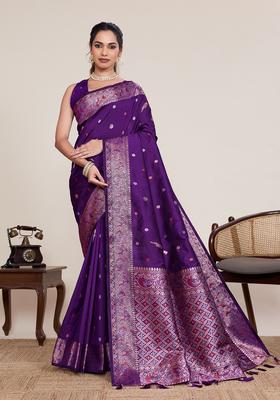 Violet Zari Work Silk Saree Set