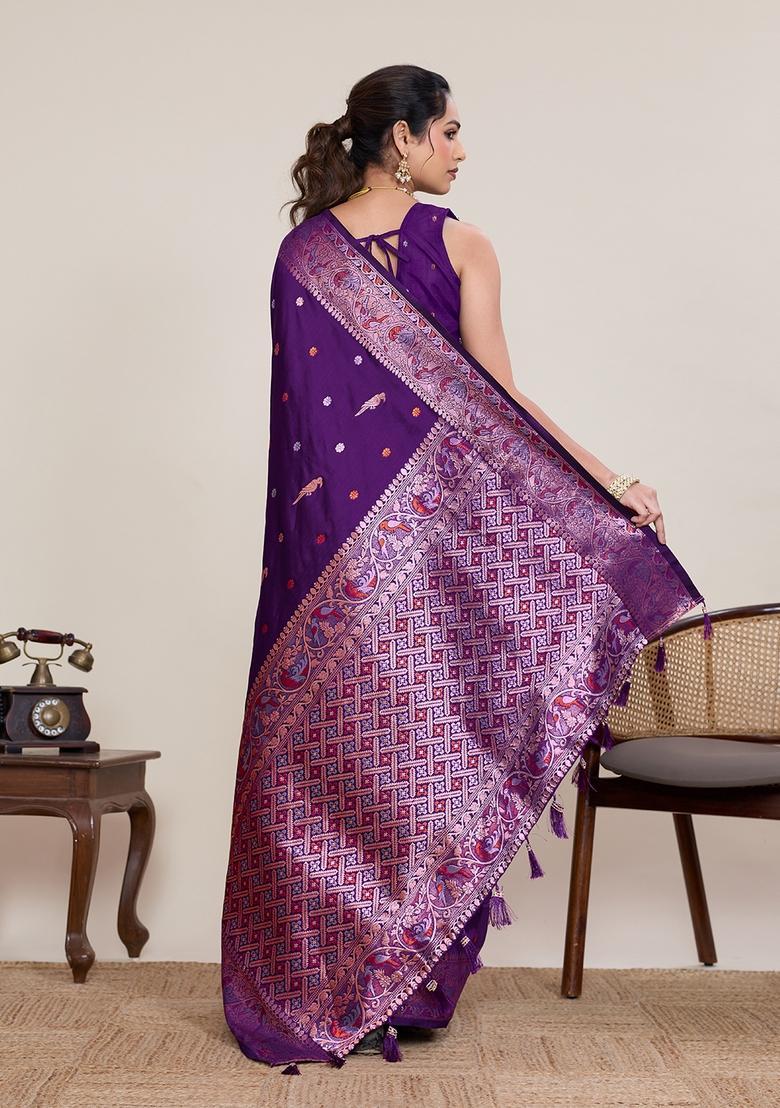 Violet Zari Work Silk Saree Set - Indya
