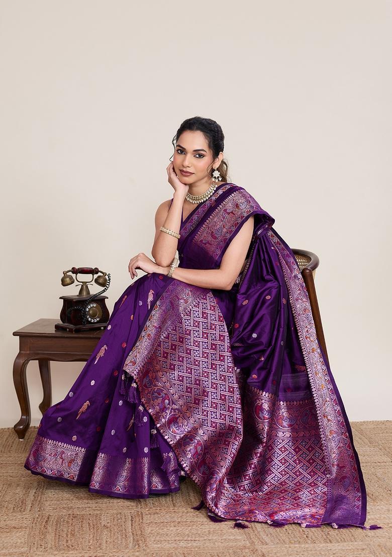 Violet Zari Work Silk Saree Set - Indya