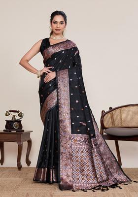 Black Zari Work Silk Saree Set