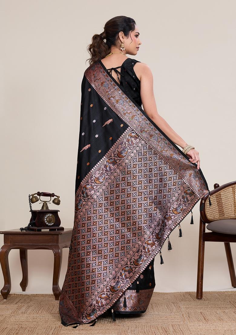 Black Zari Work Silk Saree Set - Indya