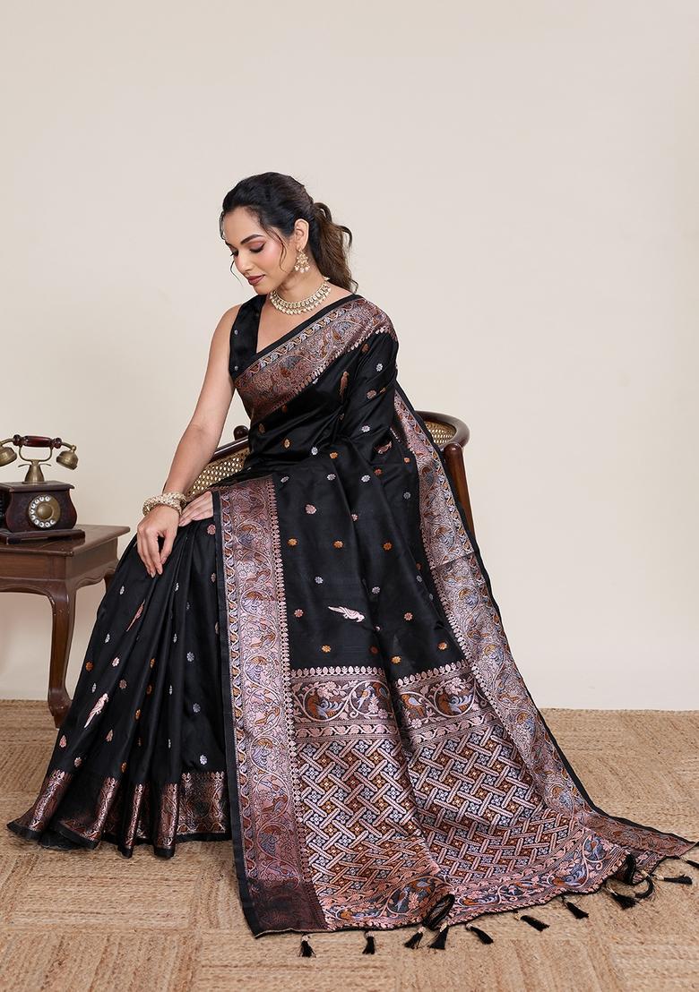 Black Zari Work Silk Saree Set - Indya