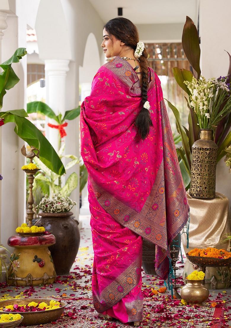 Pink Zari Work Silk Saree Set - Indya