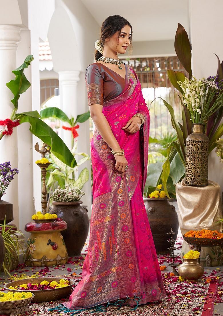 Pink Zari Work Silk Saree Set - Indya