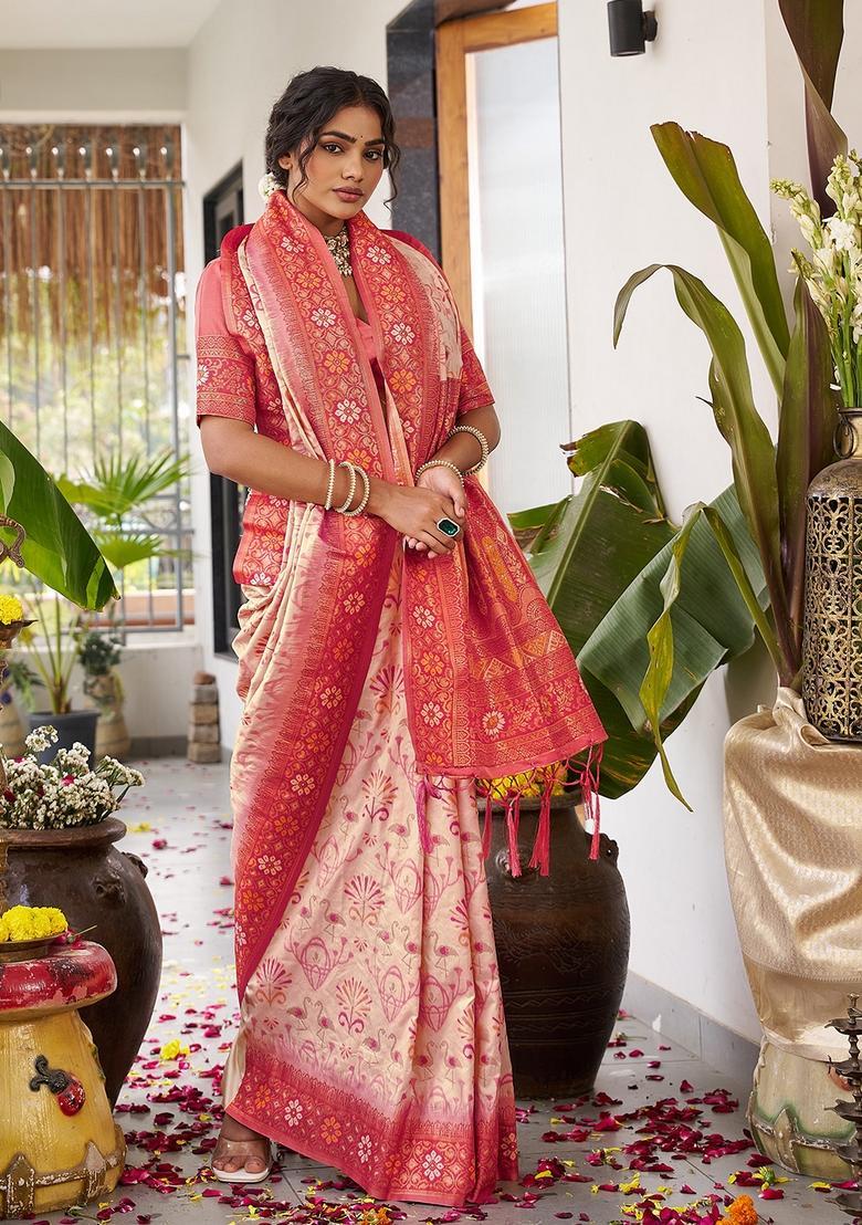 Cream Zari Work Silk Saree Set - Indya