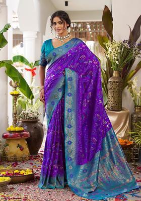 Violet Zari Work Silk Saree Set