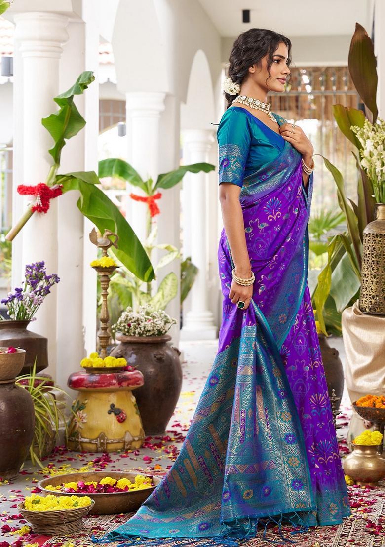 Violet Zari Work Silk Saree Set - Indya