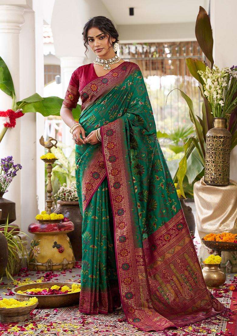 Green Zari Work Silk Saree Set for Diwali and Festive Wear - Indya