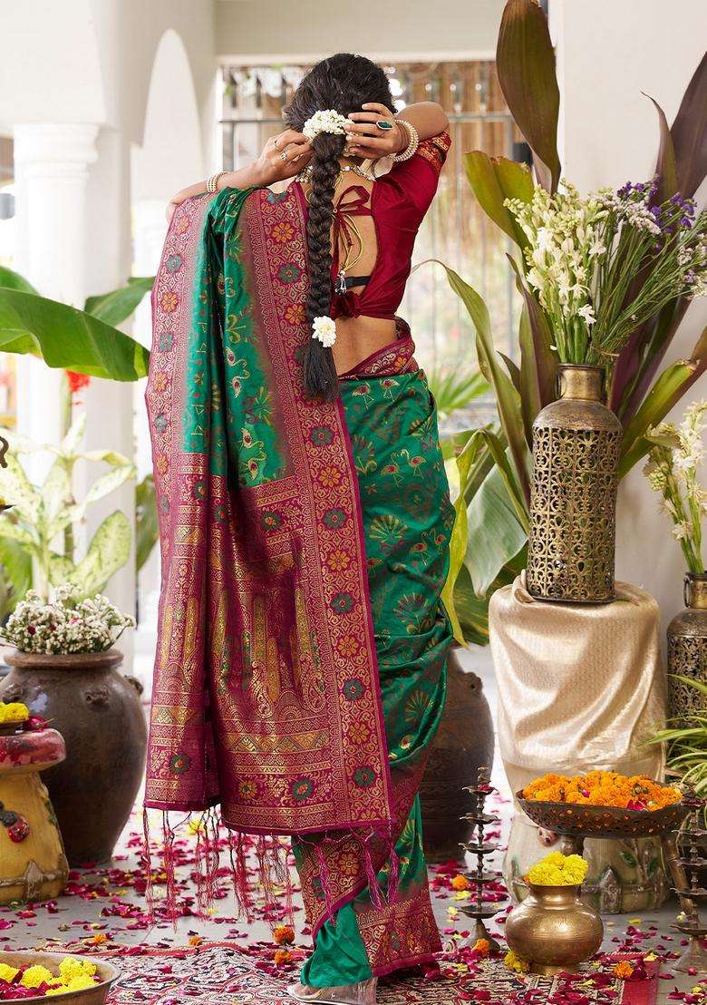 Green Zari Work Silk Saree Set for Diwali and Festive Wear - Indya