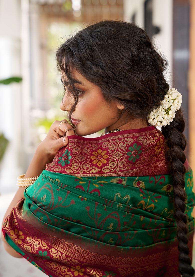 Green Zari Work Silk Saree Set for Diwali and Festive Wear - Indya