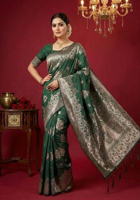 Dark Green Zari Work Silk Saree Set