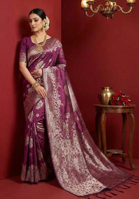 Purple Zari Work Silk Saree Set