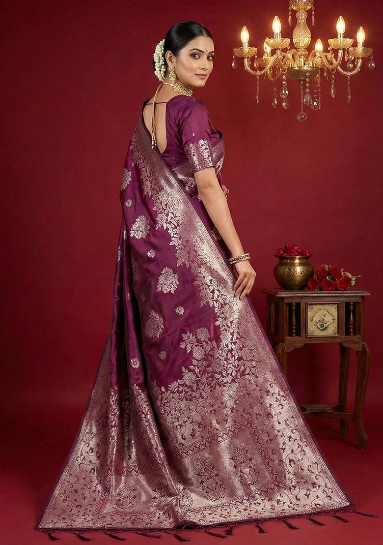 Purple Zari Work Silk Saree Set - Indya