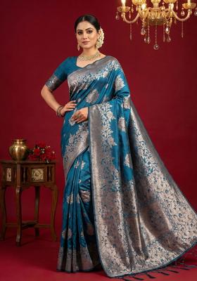 Teal Blue Zari Work Silk Saree Set