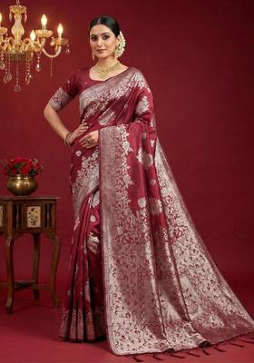 Maroon Zari Work Silk Saree Set