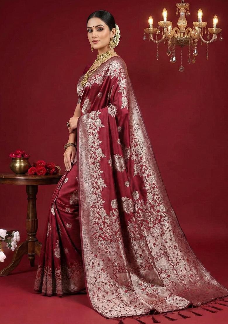 Maroon Zari Work Silk Saree Set - Indya