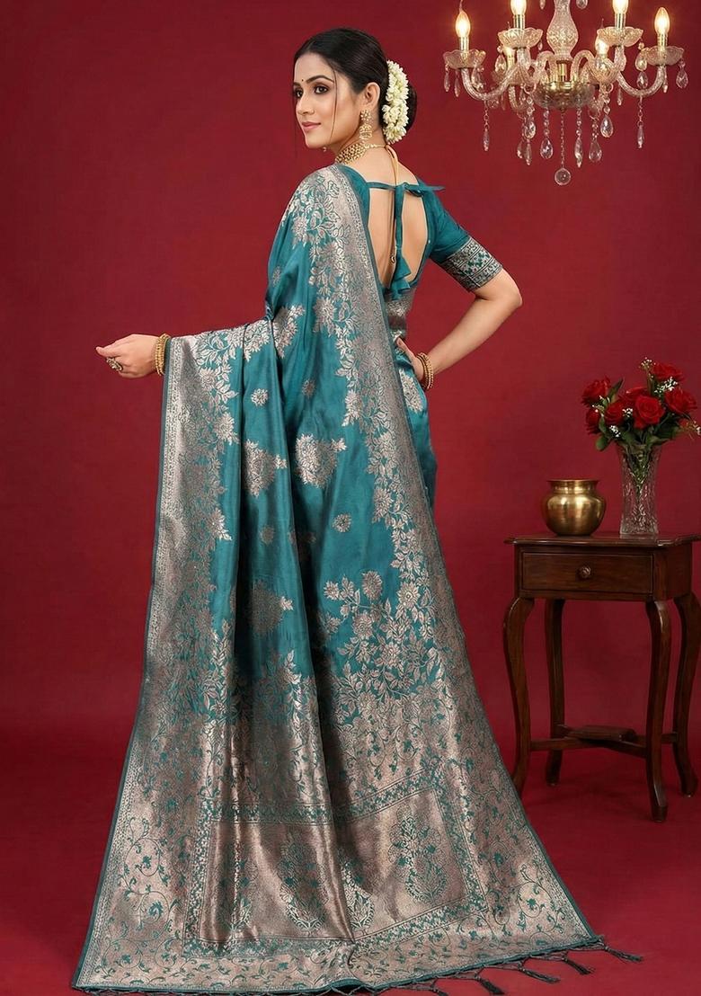 Sea Green Zari Work Silk Saree Set - Indya
