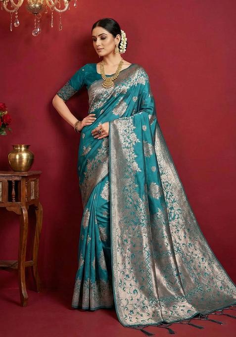 Sea Green Zari Work Silk Saree Set — view on Indya
