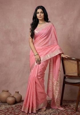 Coral Zari Work Cotton Saree Set