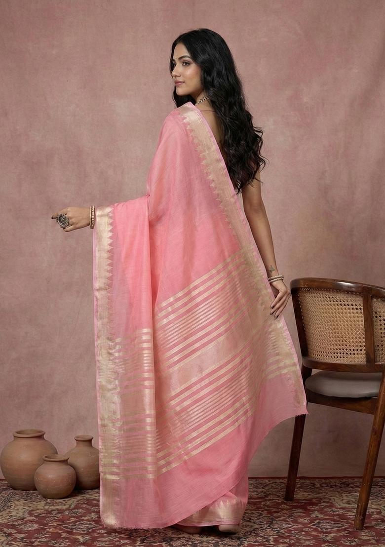 Coral Zari Work Cotton Saree Set - Indya