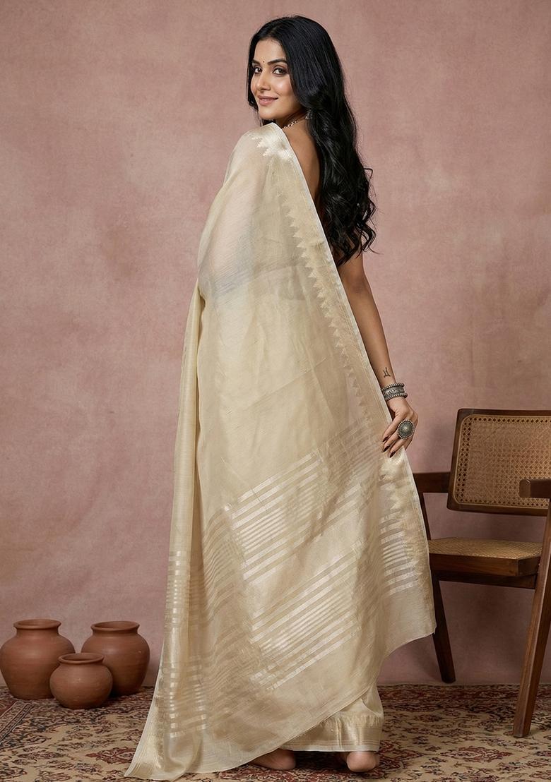 Cream Zari Work Cotton Saree Set - Indya