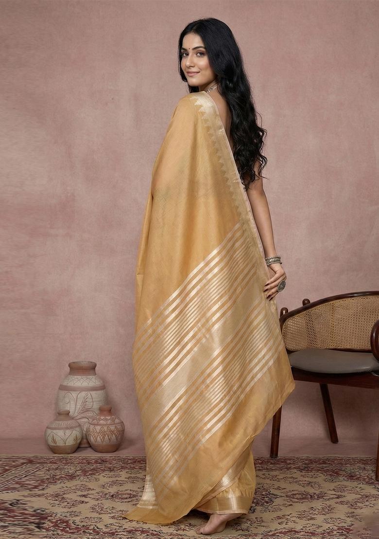 Gold Zari Work Cotton Saree Set - Indya
