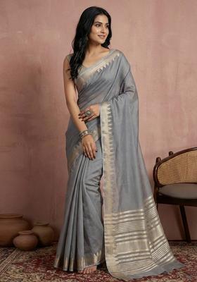 Grey Zari Work Cotton Saree Set