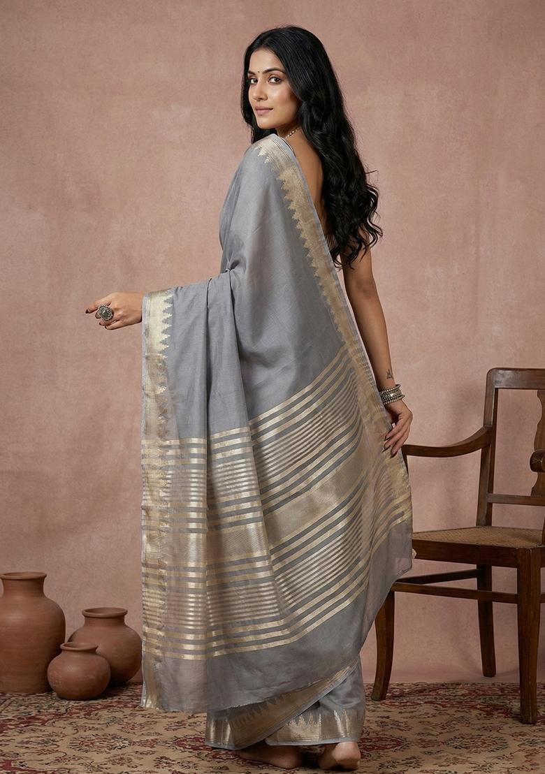 Grey Zari Work Cotton Saree Set - Indya