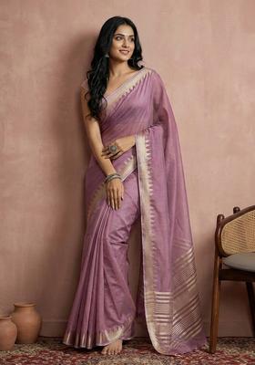 Purple Zari Work Cotton Saree Set