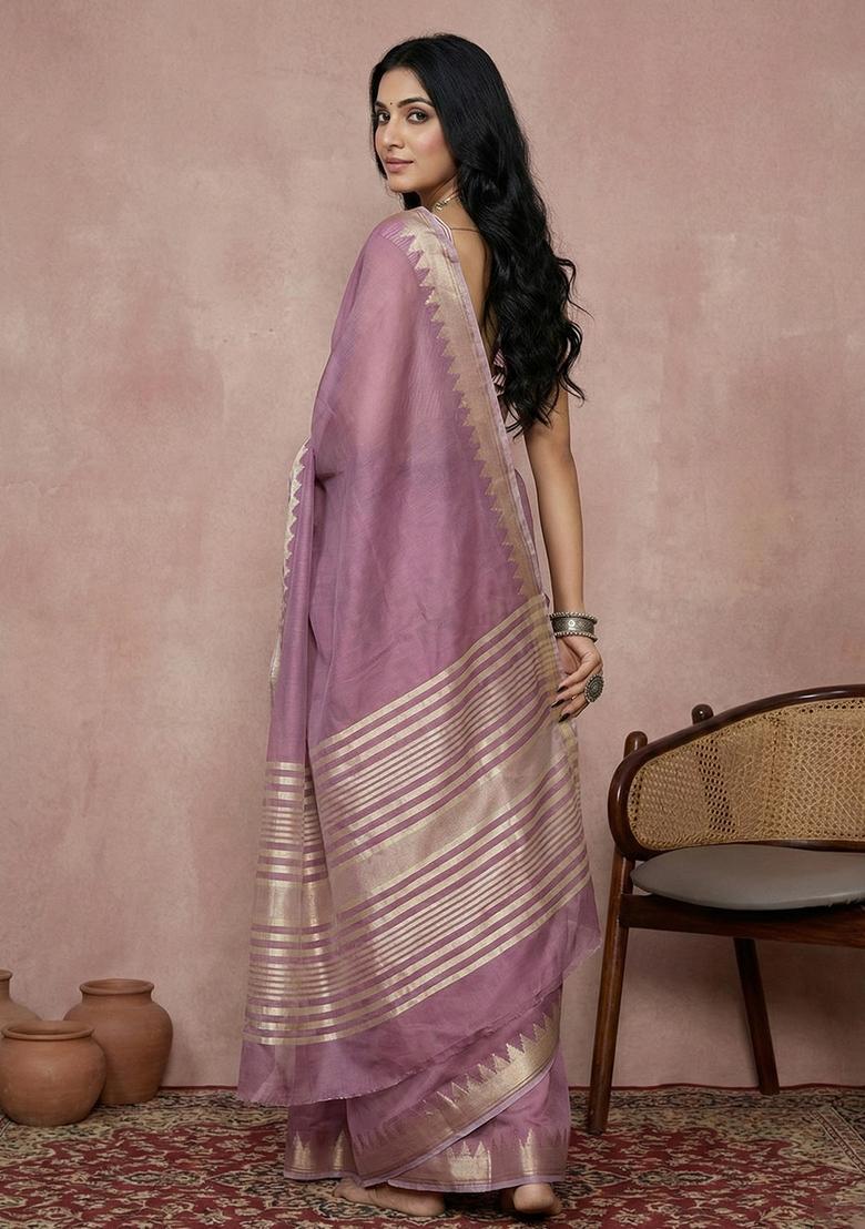 Purple Zari Work Cotton Saree Set - Indya